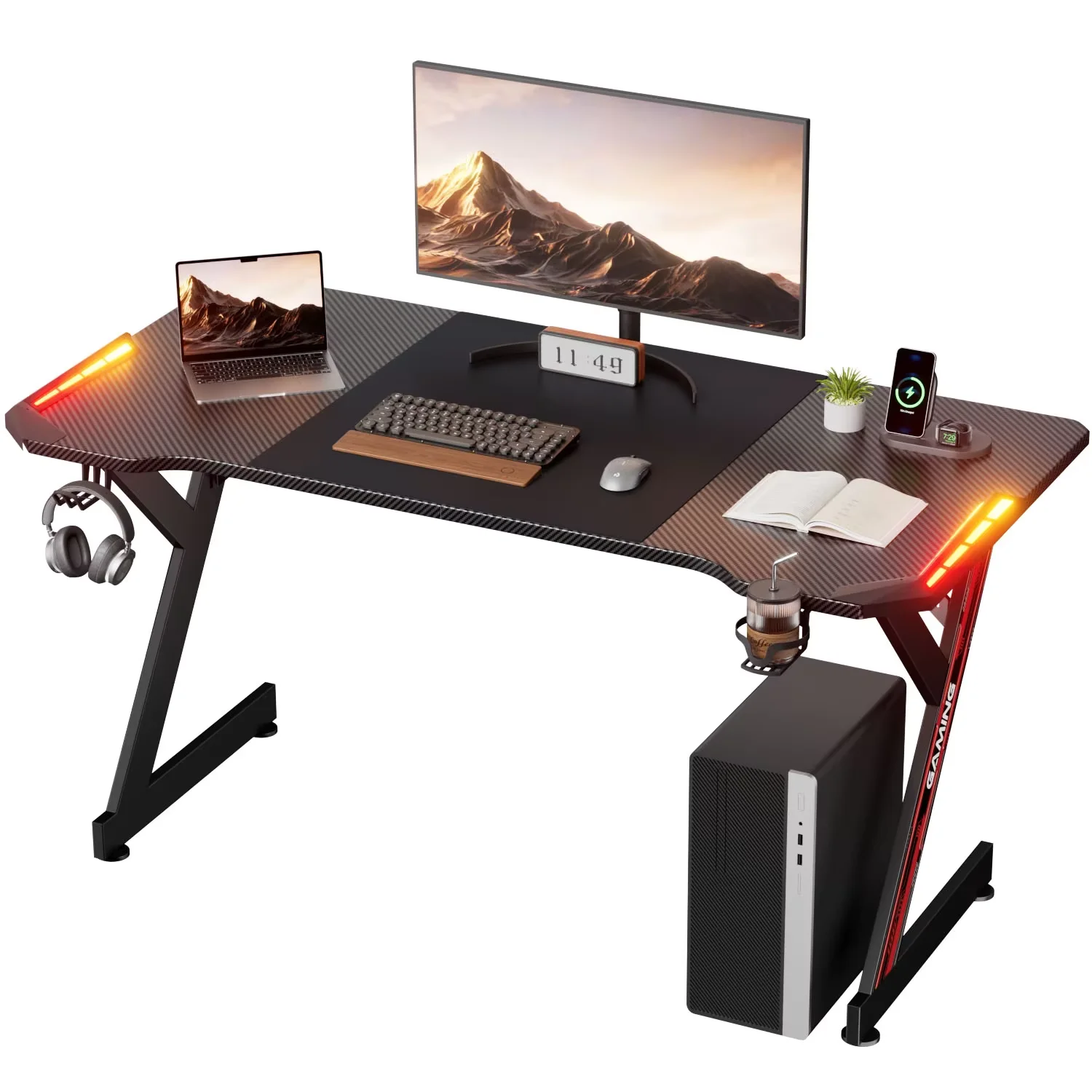 NEBMAAX RGB Gaming Desk Carbon Fiber Workstation LED Lights Cup Holder Headphone Hook Black Large Monitor Home Office Computer Desk