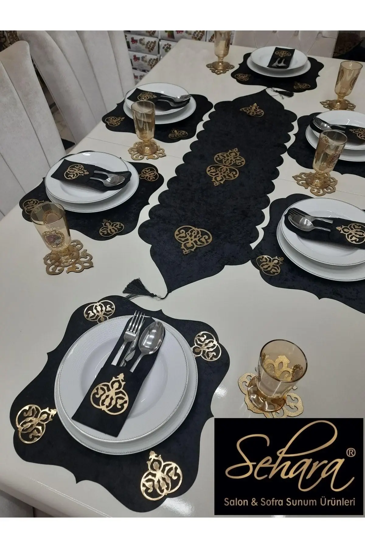 25-Piece Dining Table Runner and Placemat Set for 8, Black Velvet with Gold Foil Accents, Rectangular, Easy to Wipe