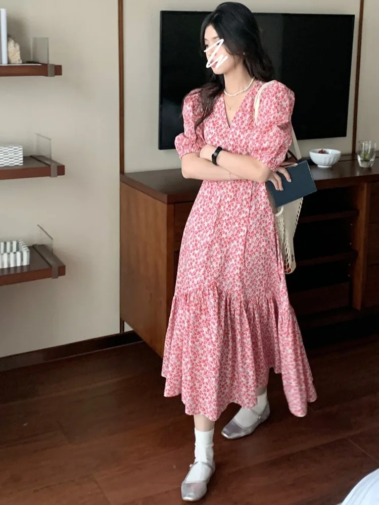 Korean Sle Sweet Summer V-ne Floral Print Loose Splice Blouse Sve Dr Women's Puffy Sve Maxi Dr Lantern Sve