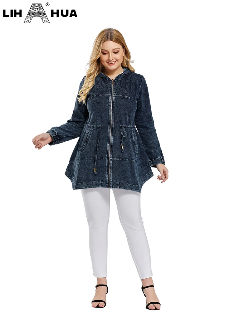 LIH HUA Women\'s Plus Size Denim Jacket Autumn Chic Elegant Jacket For Chubby Women Cotton Hooded Knitting Loose Jacket