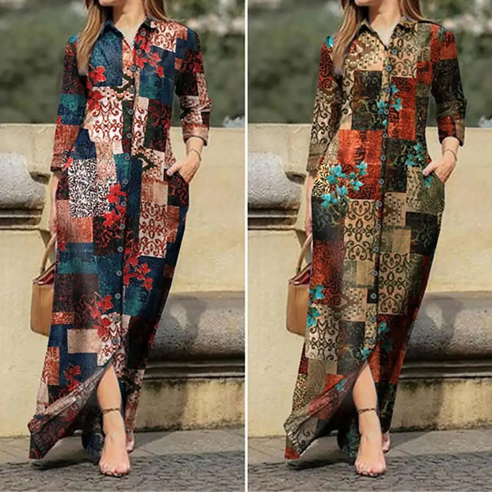 Langes Kleid schlanke Frauen Kleid Boho Retro-Print Chiffon Shirt Kleid