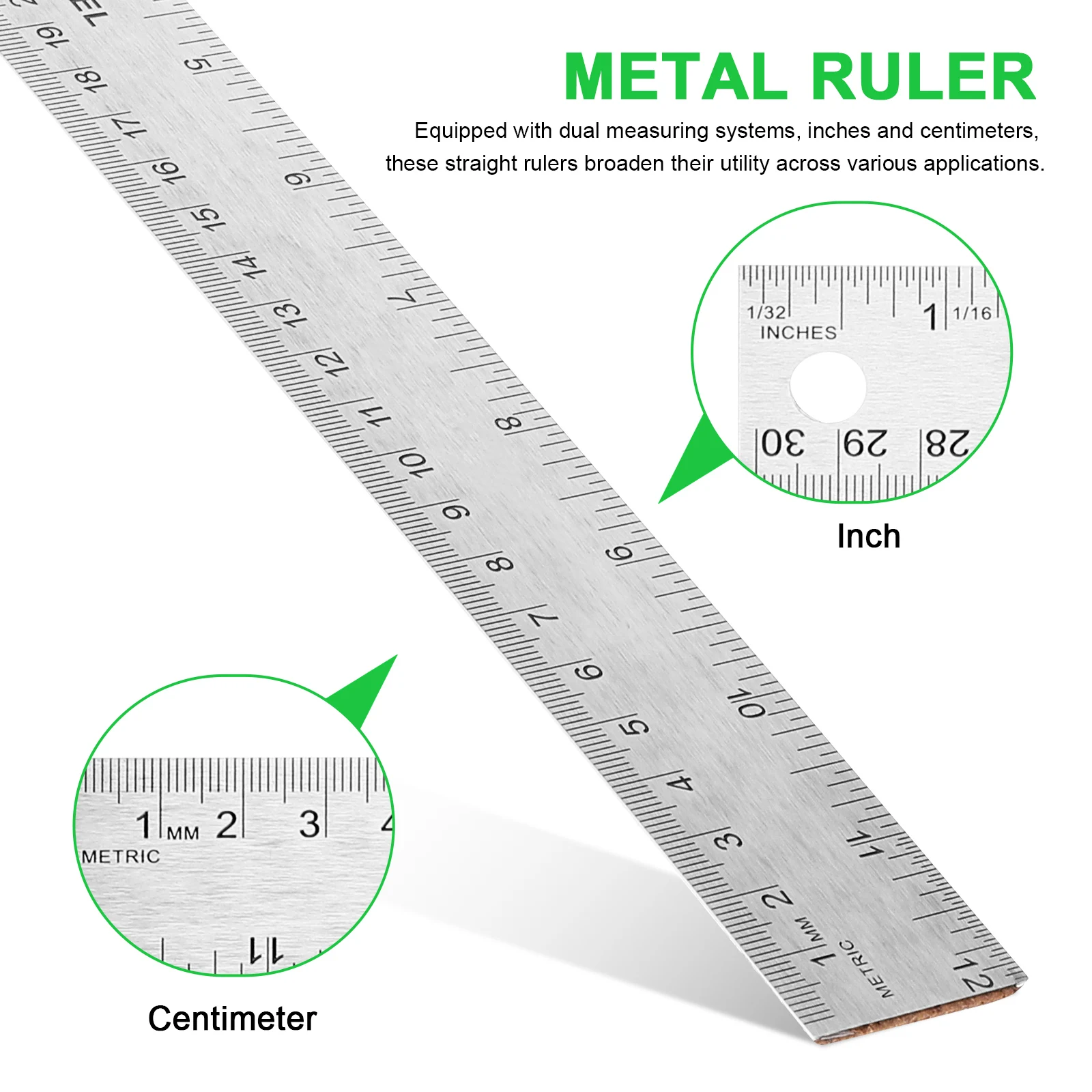 2 Pcs Stainless Steel Rulers Cork Base Dual Measurement Inches Centimeters Classroom Straight Edge Math Tool Work Crafting