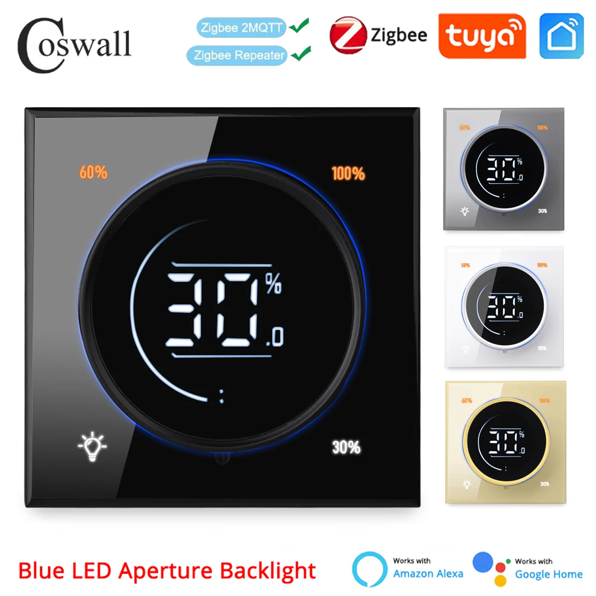 COSWALL Variateur de lumière à bouton rotatif infini à thyristor Zigbee 3.0 Zigbee2MQTT Tuya Smart, interrupteur mural à panneau de verre avec écran LCD numérique