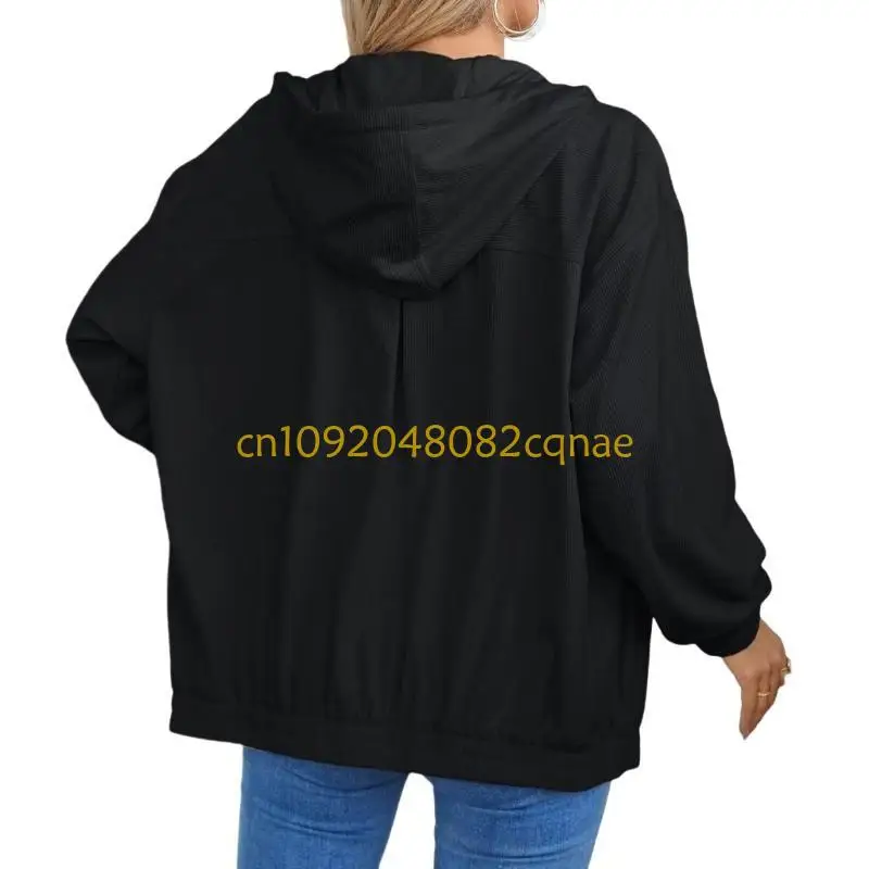 Women's Corduroy Drawstring Hooded Pocket Zip Up Loose Shacket Coat