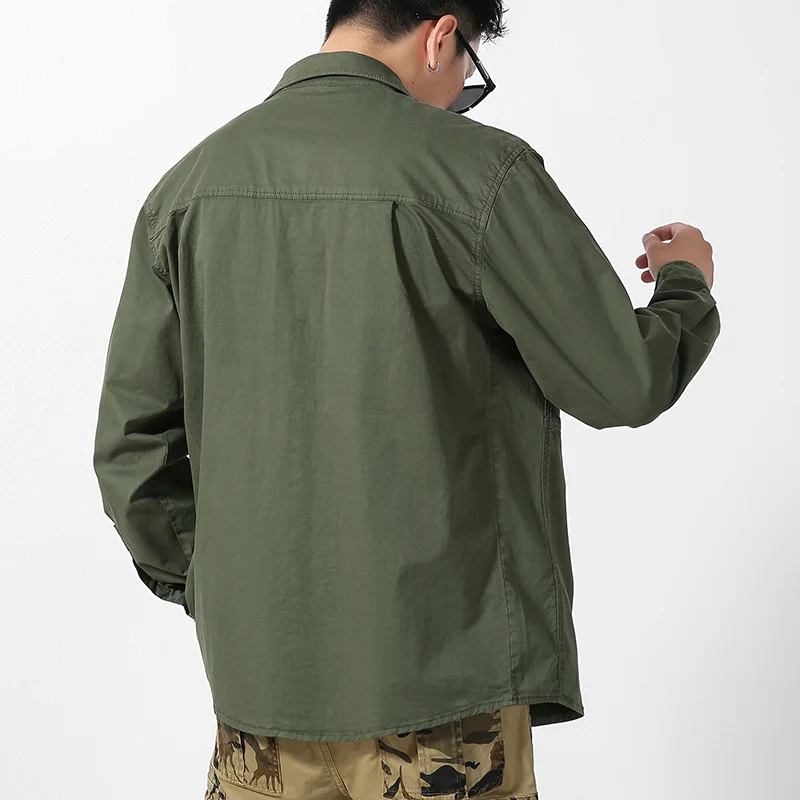 Men Slim Fit Turn-Down Collar Loose Cargo Shrit Spring Autumn Casual Wash Cotton Safari Style Jacket with Multiple Pockets Coat