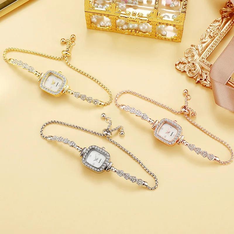 أزياء المرأة حجر الراين ووتش مربع الطلب السيدات ساعات الكوارتز سوار الفرقة ساعات المعصم