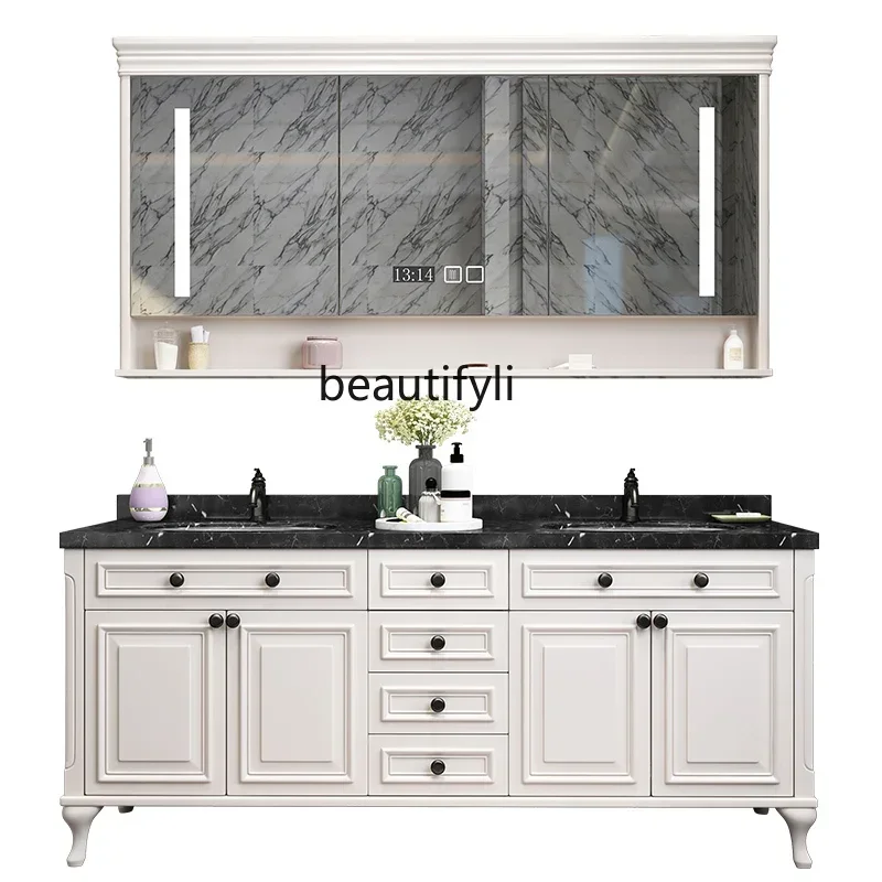 YH American Bathroom Cabinet Floor Oak Smart Mirror Cabinet Wash Basin Combination Washstand