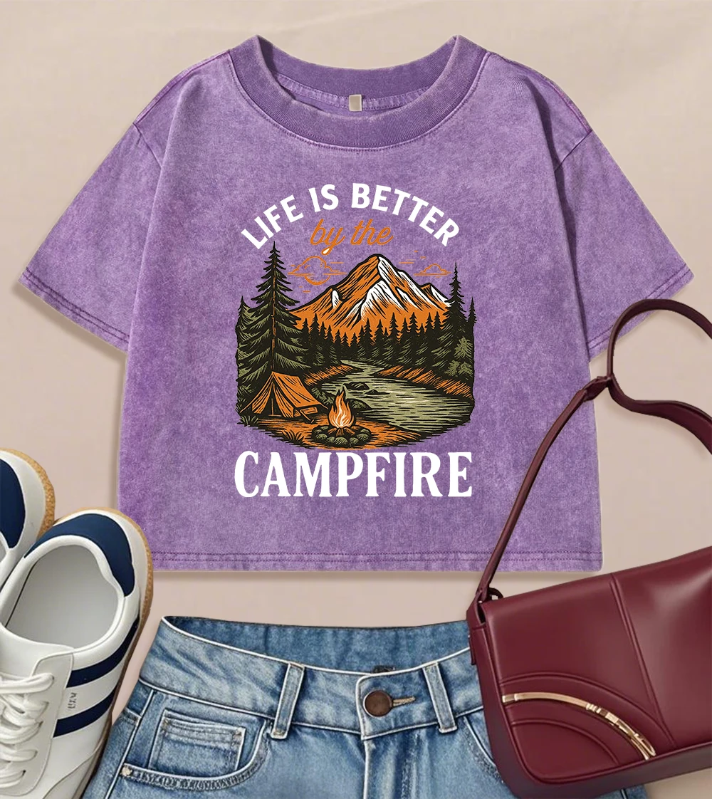 

Женская футболка с принтом Life Is Better By The Campfire, укороченный топ для фитнеса в стиле Харадзюку, хлопковая футболка с круглым вырезом и короткими рукавами