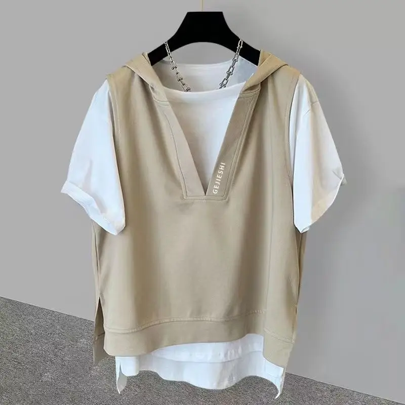 Fake two-piece hooded embroidered short-sleeved T-shirt for men in summer, ins trend, versatile student loose clothes y2k tops