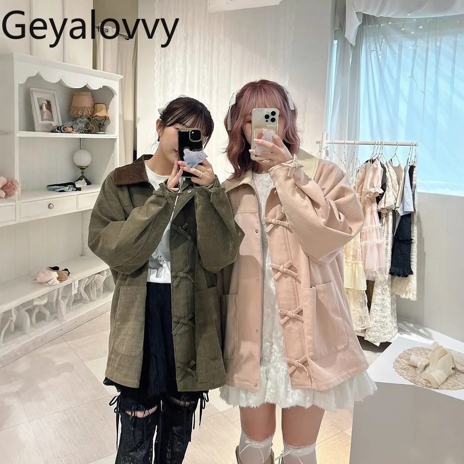 

Japanese Style Sweet Three-Dimensional Casual Coat Bow Decoration Color Matching Lapel Loose Mid-Length Women's Jackets
