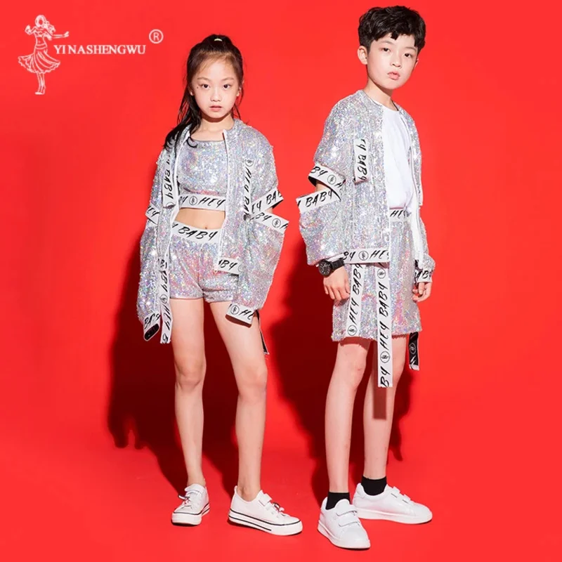 Costume da ballo per bambini Abbigliamento da jazz Ragazze Ragazzo Paillettes Danza hip-hop Jazz Concorsi di danza di strada per bambini Abbigliamento da palcoscenico per spettacoli J