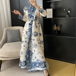 Pleats Pleated Celadon Jacket Female Trench Coat 2024 Spring And Fall New Fashion Printing Long-sleeved Outer Cloak Large Robe