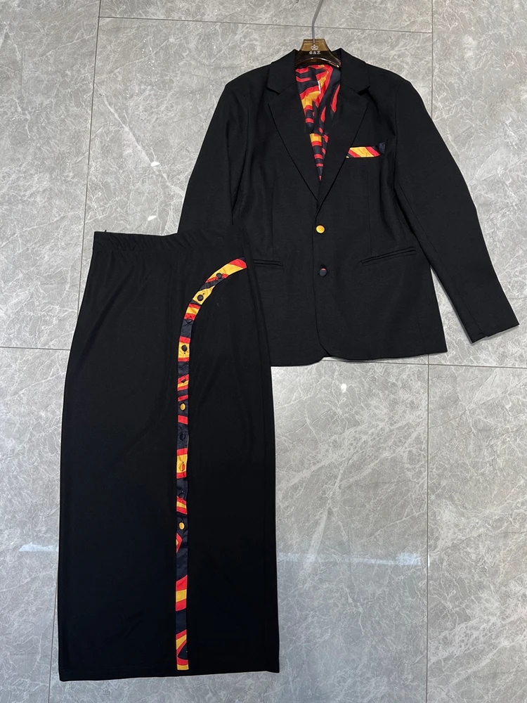 2026 Autumn Women's Clothing Contrast Color Pockets Printed Lining Blazer Two-piece Set + Color Block Slit Hip Cover Skirt Suit