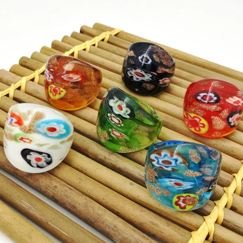 

12PCS Free Shipping Mix Color Flower Lampwork Glass Muran Rings For Women Handmade Crystal 17-19mm Band Random Chinese Style