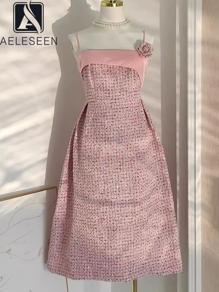 

AELESEEN Sweety Summer Slim Dress Women Summer Designer Fashion Spaghetti Strap Pink 3D Appliques Flower Patchwork Sequined