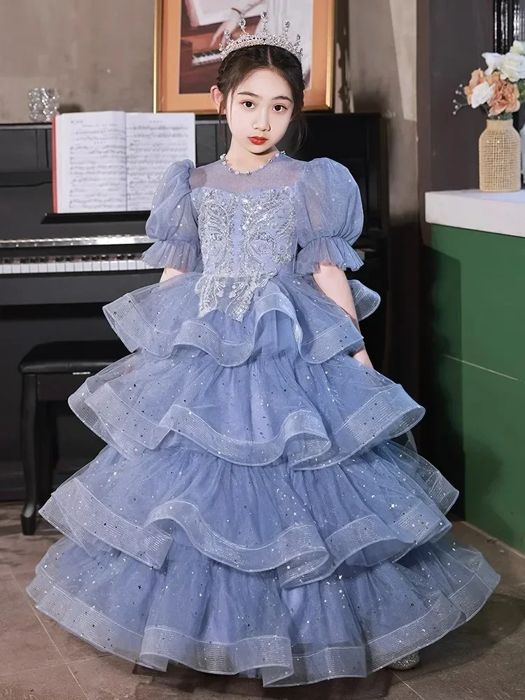 

Children's dress Blue puffed sleeve princess dress Girls pompadour host catwalk flower children piano performance dress