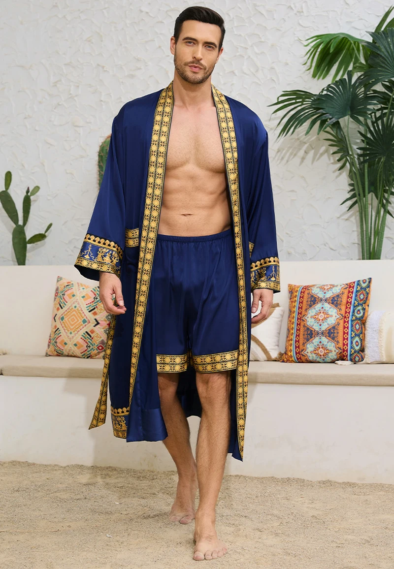 Spring Summer Men Pajamas 2PCS Robe Shorts Set Baroque Style Satin Kimono Bathrobe Nightgown Home Clothing Loungewear MY1170