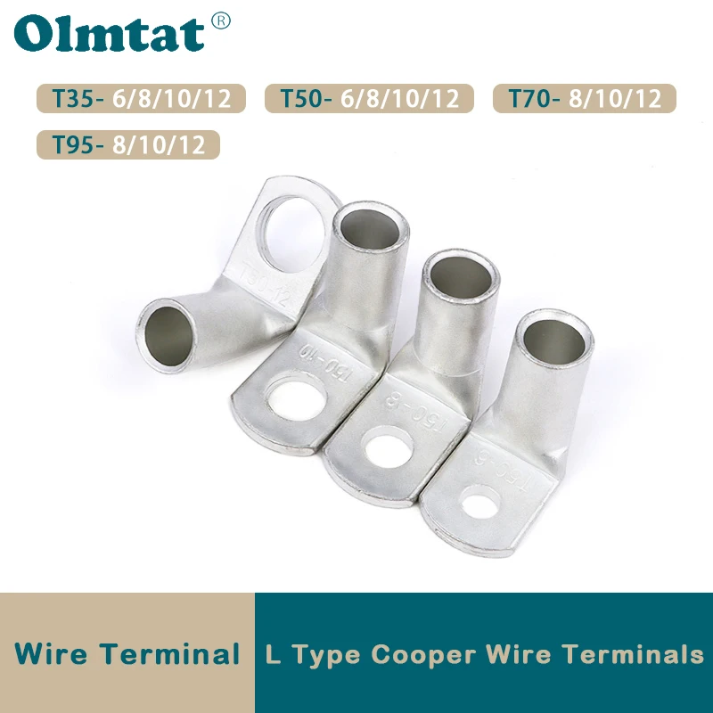 1~50pcs Wire Terminal 90 Degree Bend Nose L-type Right Angle T35/50/70/95-6/8/10/12 Tinned Copper Crimp Cable Lugs Connector