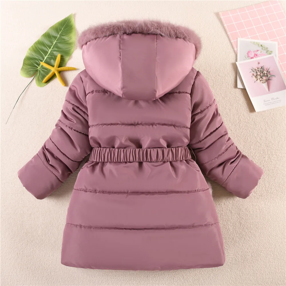 2024 New Winter Keep Warm Girls Jacket Waist Belt Design Detachable Hat Lining Plush Hooded Heavy Coat For Kids
