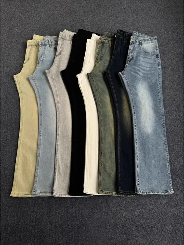 

Men's Straight Leg Micro Flared Jeans Spring Autumn American Fashion Retro Washed Distressed Elastic Slim Fit Denim Pants