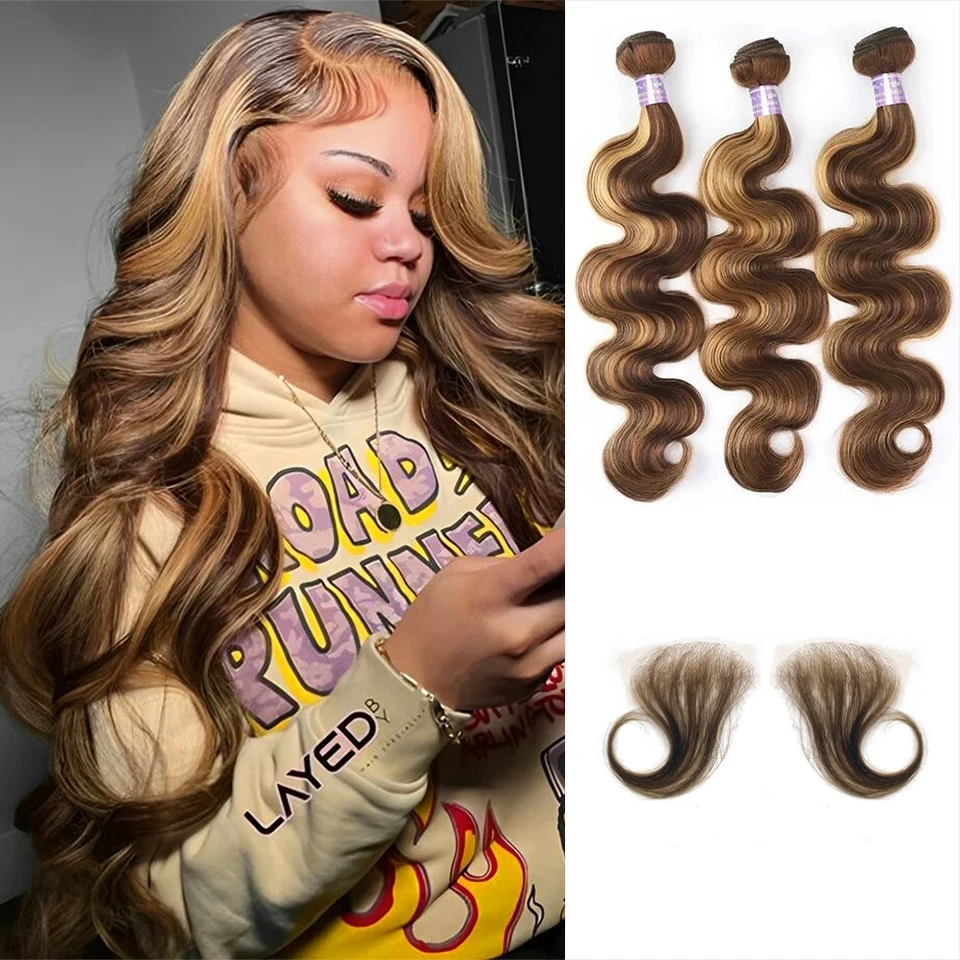 24 26 inch 1 3 4 Remy Hair Bundles Highlight Body Wave Bundles 100% Human Hair Bundles P4/27  Brown Brazilian Hair Weave Bundle