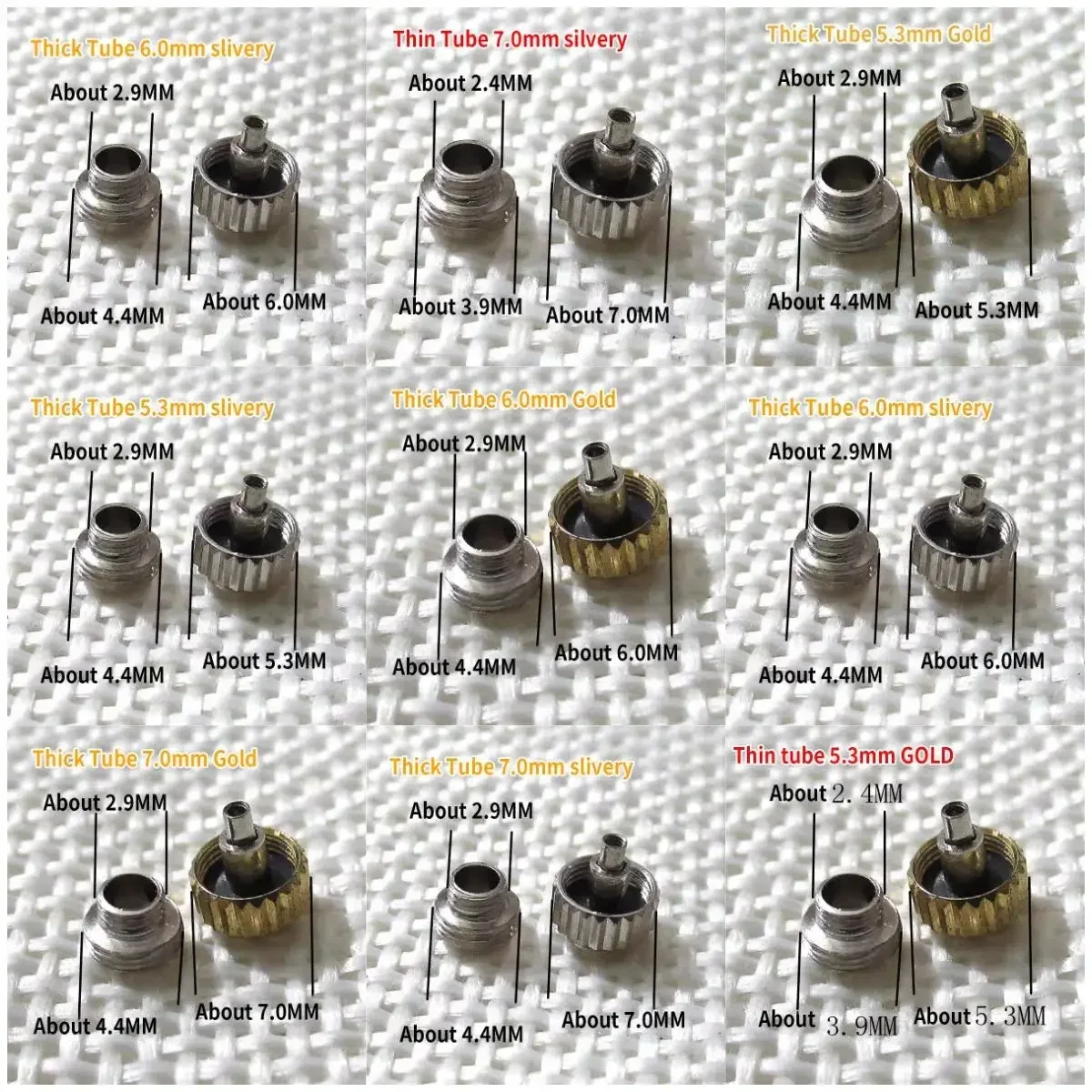 Corona de reloj de material de acero para Rlx 5,3mm 6mm 7mm, surtido de piezas de reparación de corona de vástago de reloj de Metal dorado plateado, 1 ud.