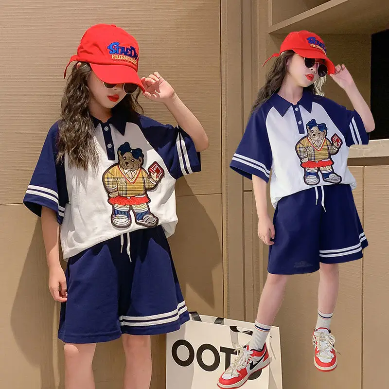 

Girls' Summer Cartoon Suit 2022 New Medium and Big Children Korean Style Polo Collar Short Sleeve Loose Sports Two-Piece Summer