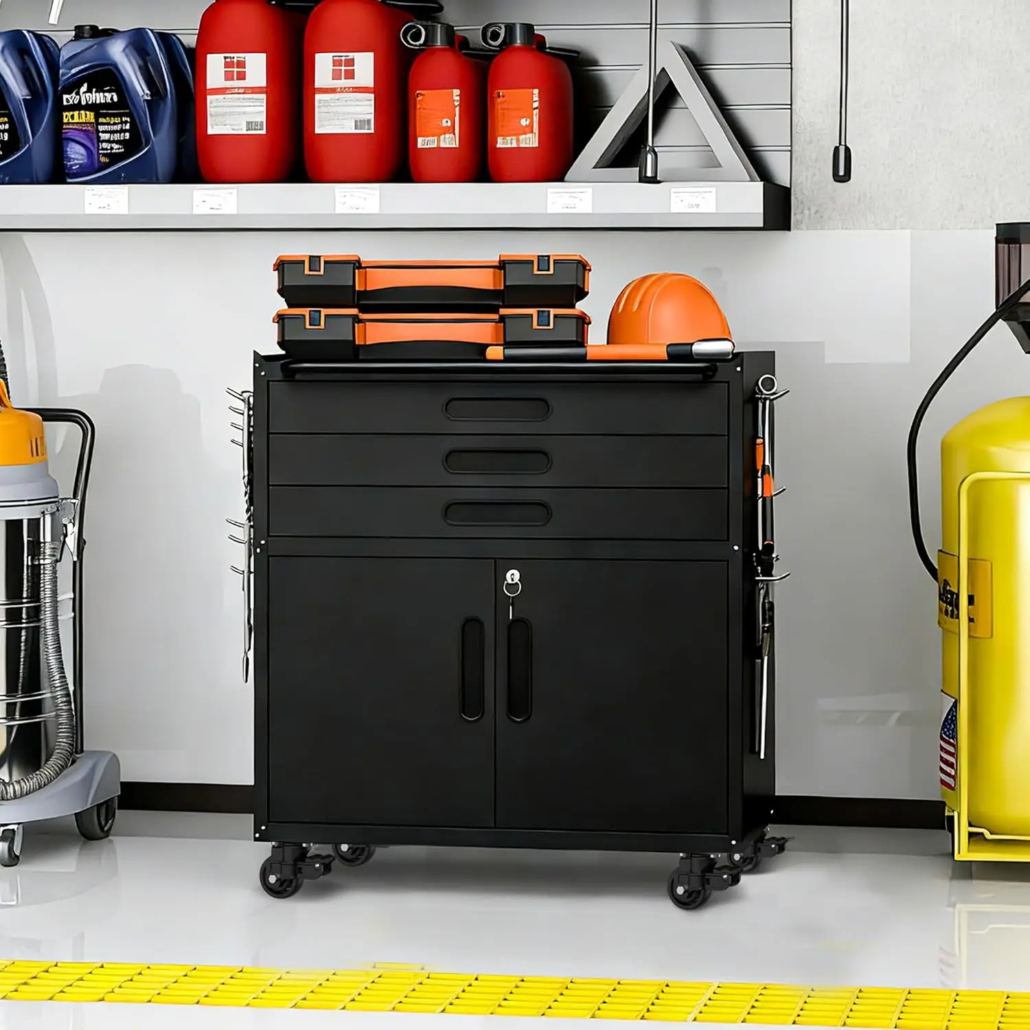 

Metal Garage Storage Cabinet with Wheels, Rolling Tool Cabinet with 3 Drawers and 2 Doors, Heavy Duty Tool Cabinet, Customized
