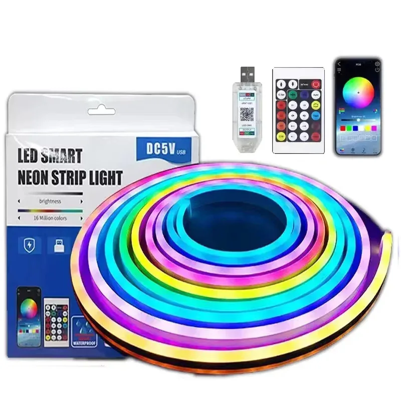 DC5V RGBIC Neon LED Strip Lights Neon Rope Light with Music Sync DIY RGBIC Dreamcolor Chasing Strip Tape for Home Decor Lighting