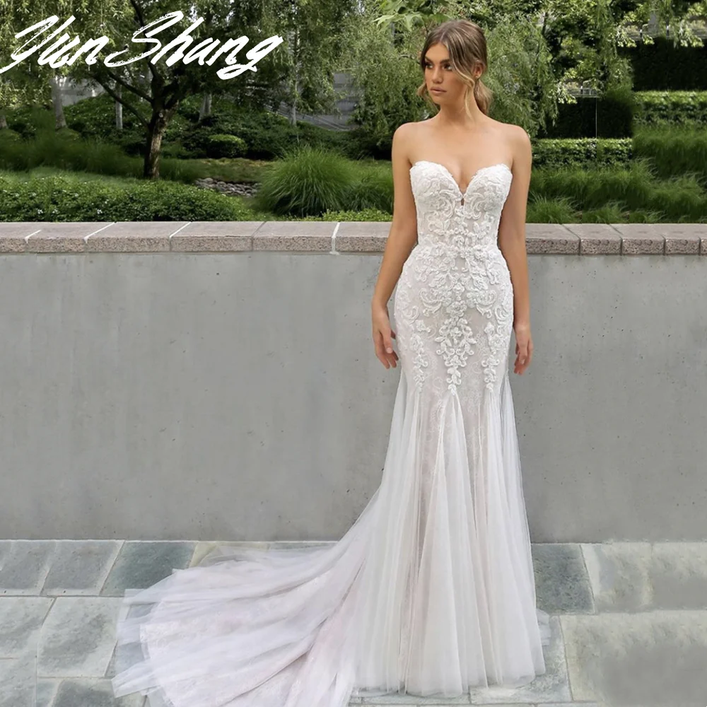 Yunshang Trouwjurk Zeemeermin Liefje Mouwloze Rugloze Kanten Appliques Sweep Trein Elegante Bruidsjurk Vestidos De Novia