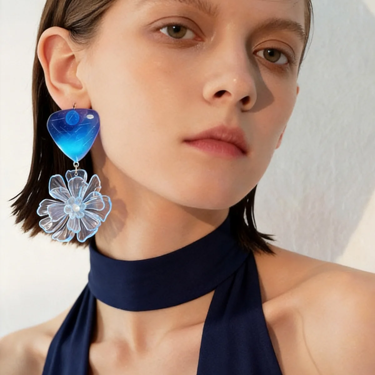 Fog Blue Flower Shadow~ Triangular Flower Earrings Seaside Holiday Wind Earrings Premium Light Luxury Earrings