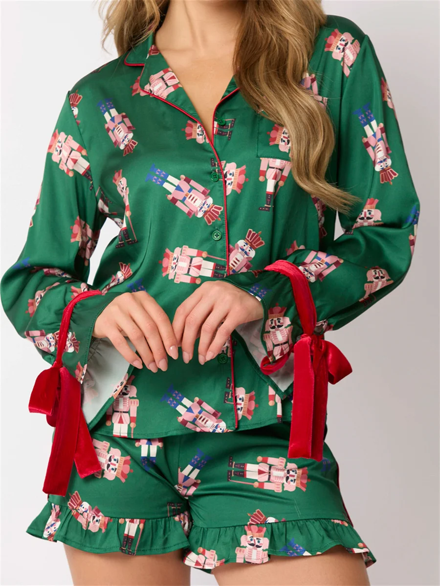 Women Christmas Pajamas Sets Y2k Bow Tie Long Sleeve Shirt and Ruffle Shorts Cute 2 Piece Xmas Print Sleepwear