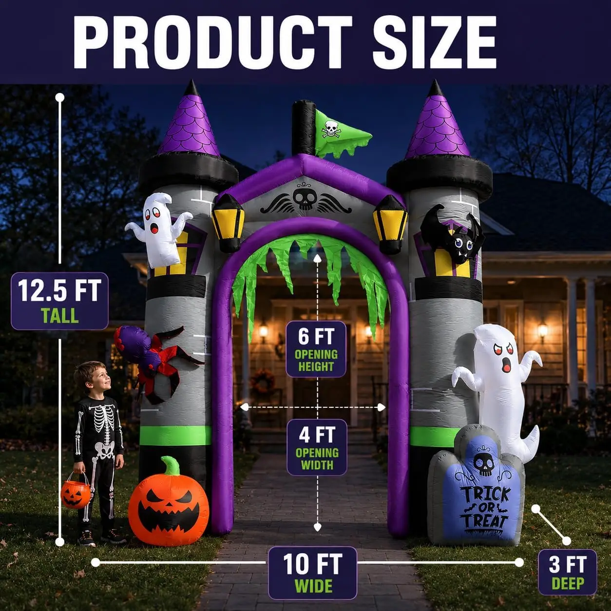 12.5 FT Inflatable Halloween Archway Scary Giant Outdoor Decoration with Ghost Pumpkin And Spider Home Garden Festive Accessory