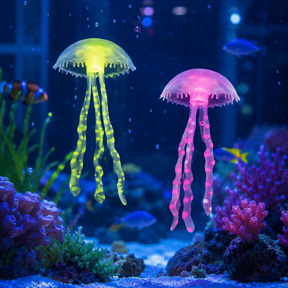2/4Pcs Glowing Fluorescent Jellyfish Aquarium Decoration Silicone Multi-Color Fish Tank Decoration Floating