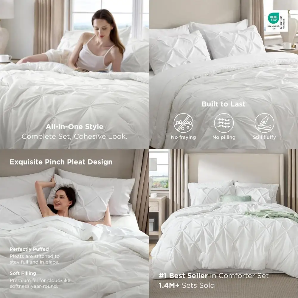 

White 7-Piece Bedding Set: Pintuck Comforter with Sheets, Pillowcases & Shams - Perfect Gift for Family