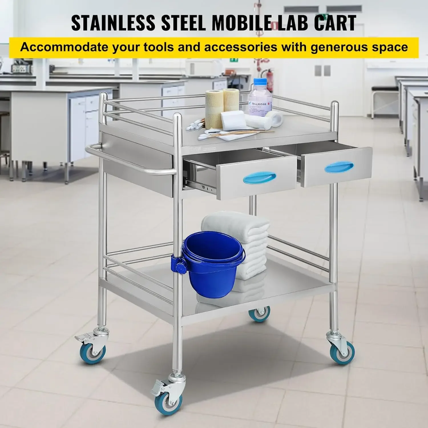 Lab Serving Cart, 2 Layers Stainless Steel Utility Rolling Cart, Medical Cart with Two Drawers, Dental Utility Cart with Lockabl