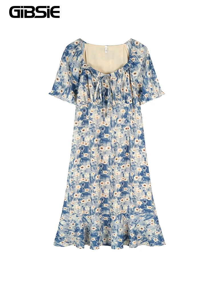 

GIBSIE Plus Size Sweetheart Neck Knot Front Floral Dress Summer Women's Vintage Puff Sleeve Vacation Ruffle Hem Long Dresses