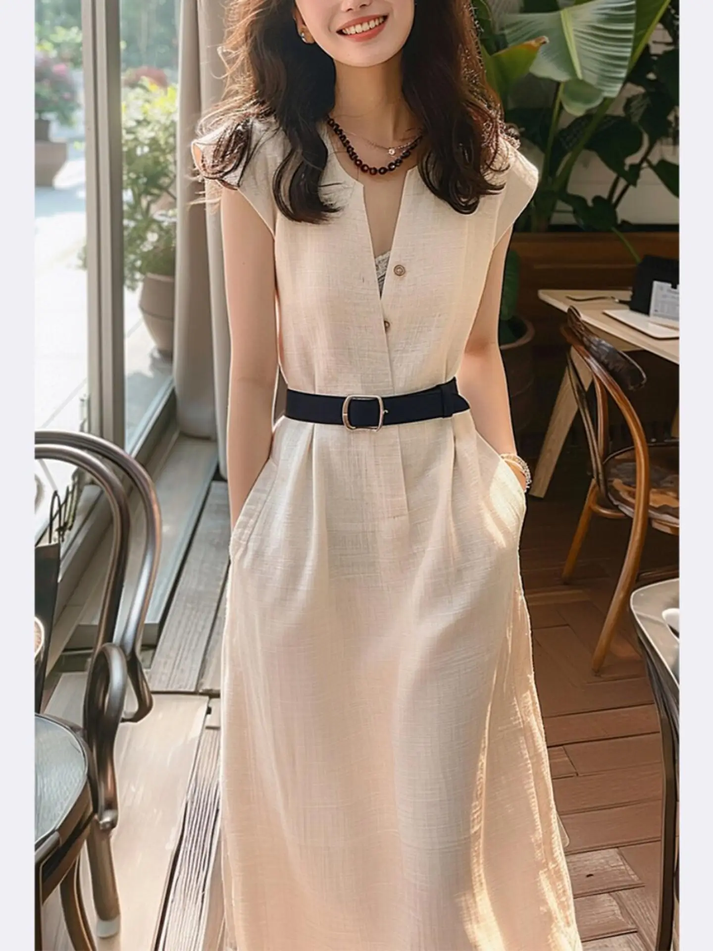 Chic Khaki Cotton Linen Dress Women's Summer High-End Sensation Beautiful Personality Small Flying Sleeve Long Skirt