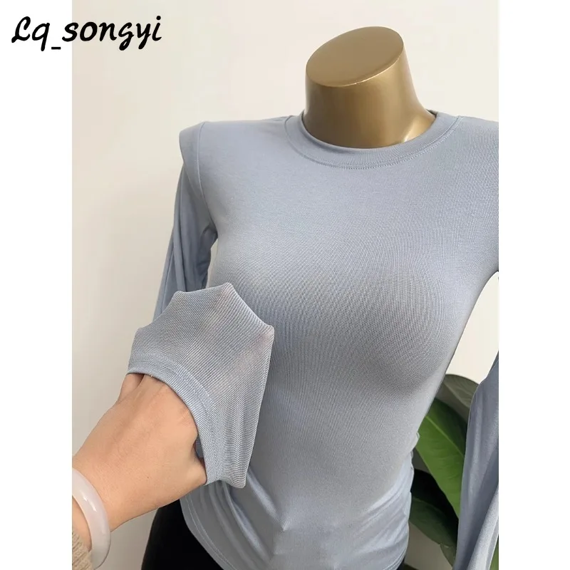 

Lq_songyi See-through O Neck T Shirts Slim Fit Tops Women Irregular Tight Top 2024 Spring Long Sleeve Solid Sexy Thin T Shirt