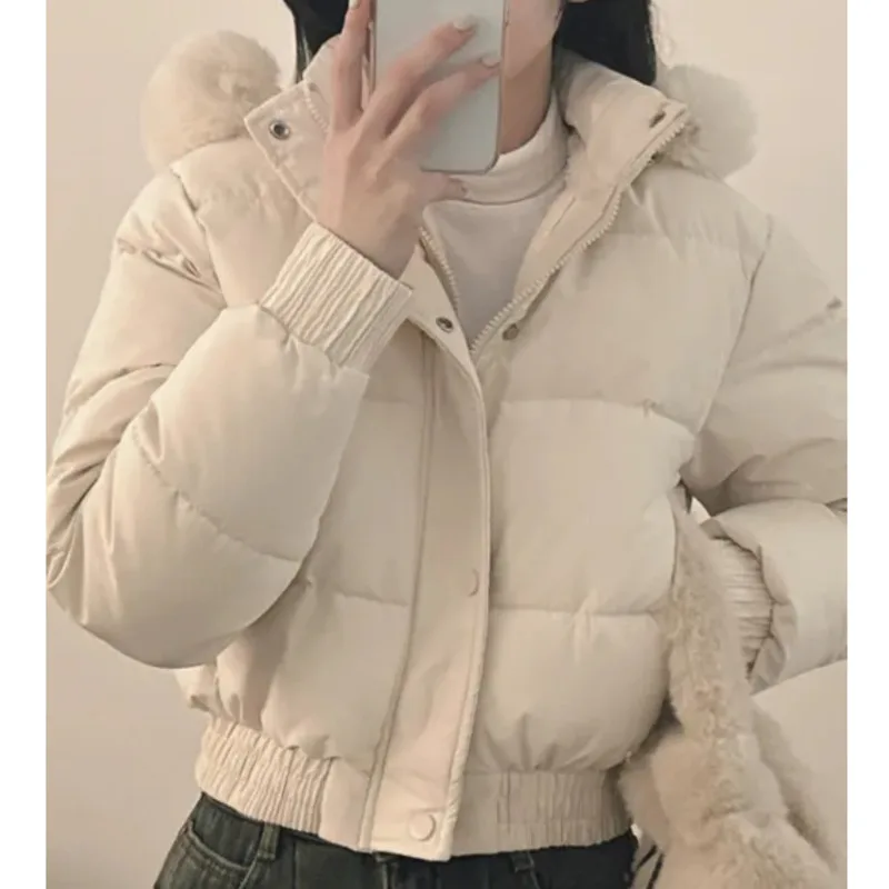 South Korea Chic Fur Collar Hood Short Down Coat Women Fashion Autumn Winter Solid Thick Warm Fleece Lined Cotton Padded Jacket