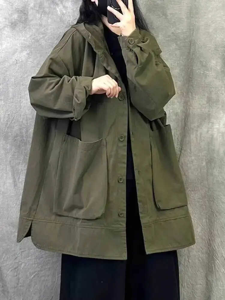2025 Spring Women's Basic Trench Coat  Full Cotton Hooded Plus Size Petite British Workwear Outerwear