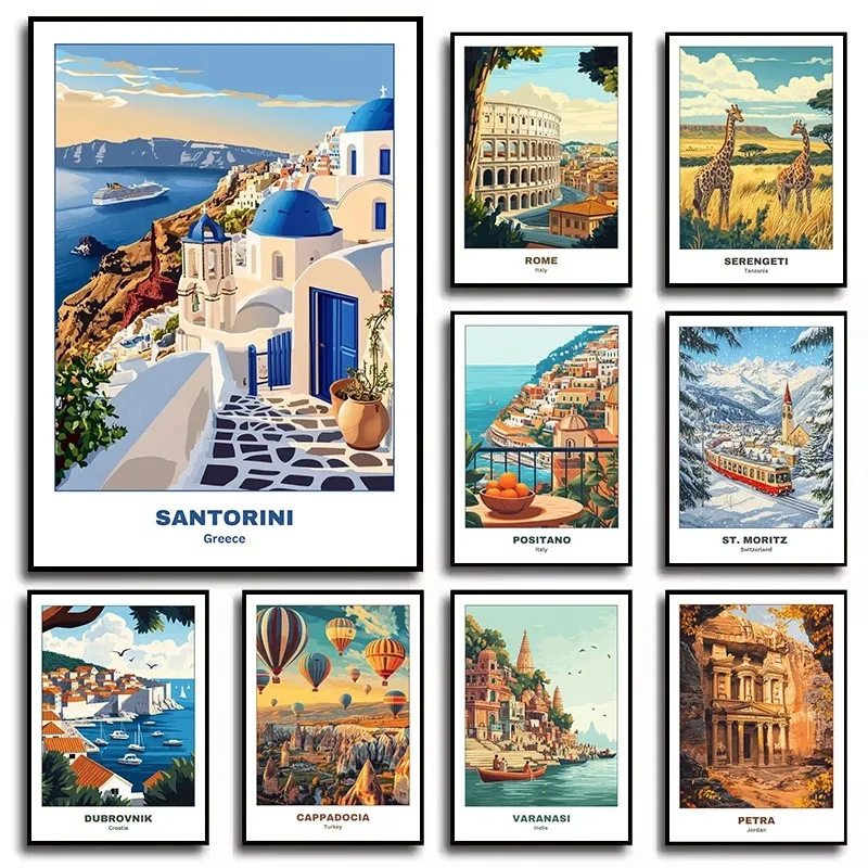 Retro Minimalist World Travel Cities Landscape Tanzania Santorini Positano Poster Canvas Painting Wall Pictures Home Decor