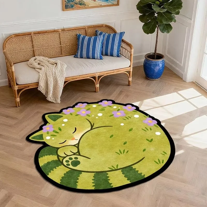 VIKAMA Cute Sleeping Cactus Cat Irregular Rug Purple Floral Cartoon Non Slip Bedroom Bedside Floor Mat Indoor Home Decor
