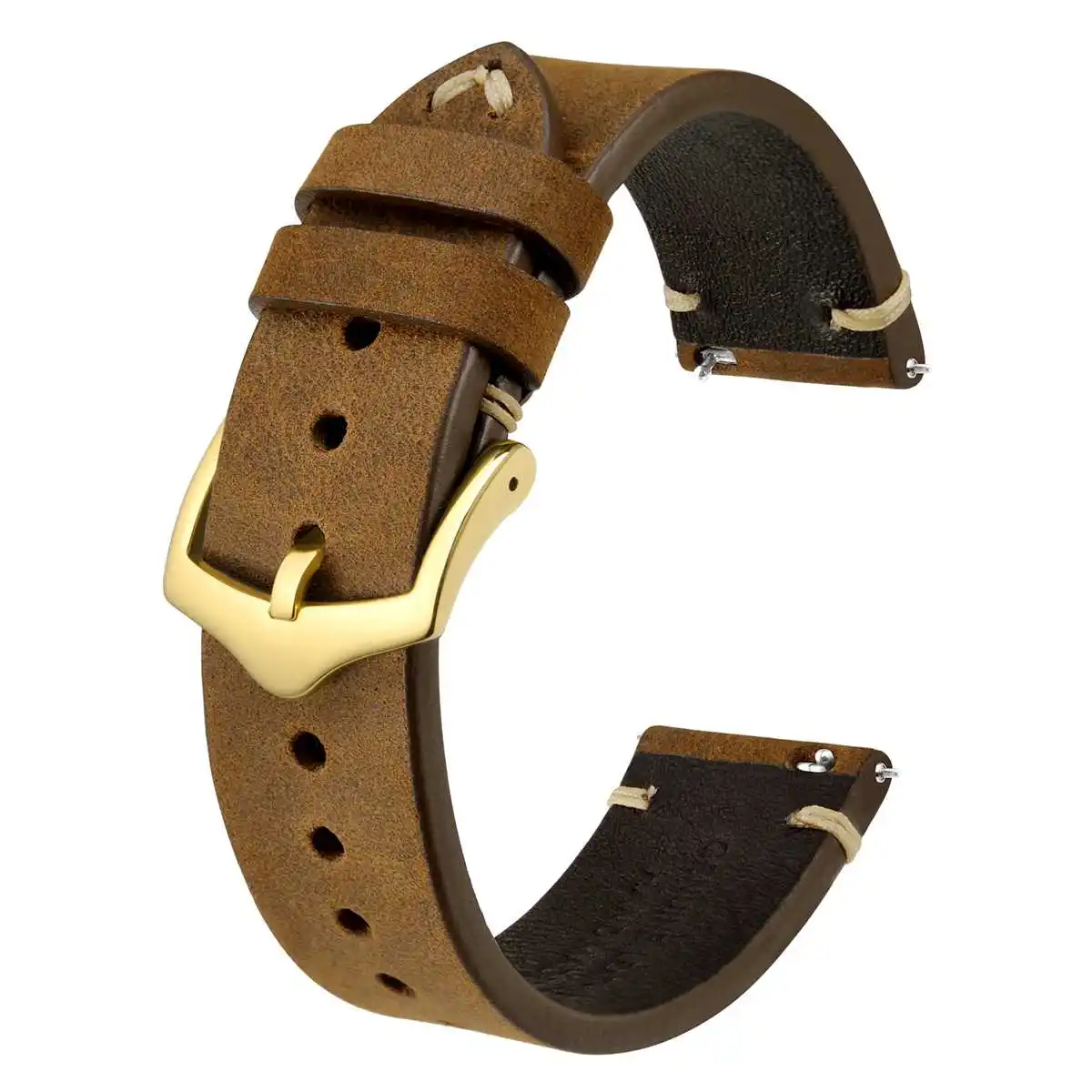 BISONSTRAP Crazy Horse Leather Men\'s Watch Straps Bracelet 18mm 20mm 22mm Black Brown Green with Gold Buckle and Tools Pins