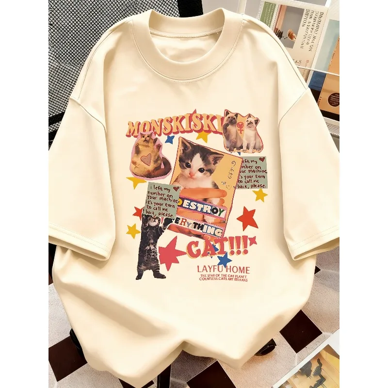 Y2K Retro Cat Poster Printed Pattern T-shirt for Both Men and Women, Summer New Casual and Fashionable T-shirt