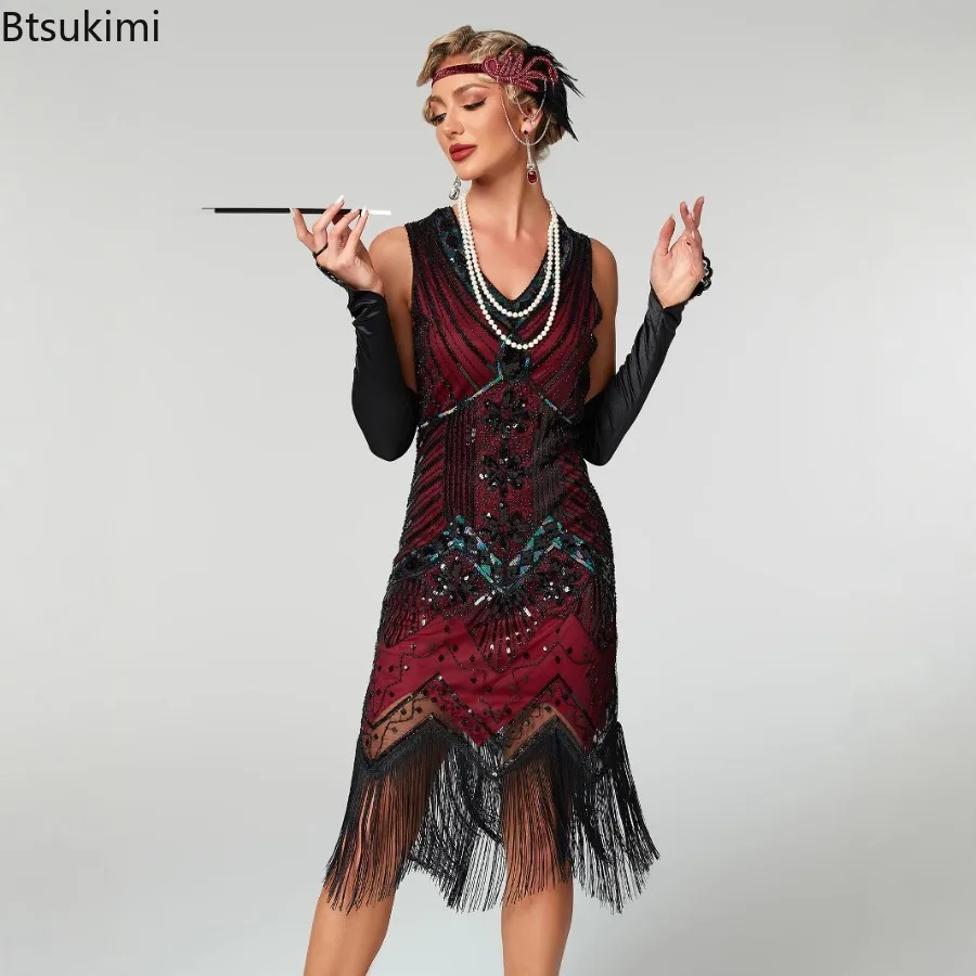 1920s Retro Dress Women Beaded Sequin Fringed Skirt with Rhinestone Embroidery V-Neck Tassel Gatsby Cocktail Party Evening Dress