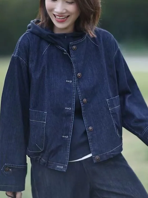 

Свободная рабочая одежда, женское длинное пальто Sve Jaet, осеннее новое джинсовое пальто в стиле ретро, Гонконг, однотонное джинсовое пальто для поездок на работу Faion