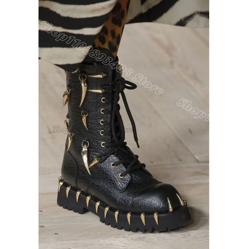 Black Rivet Decor Personality Boots Lace up Solid Round Toe Women New British Style Party Short Boots 2024 Zapatos Para Mujere