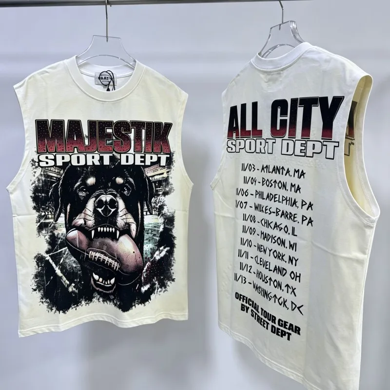 Apricot MAJESTIK Vest Hound Rugby Graffiti Printed Letter Pattern Round Neck Sleeveless Tshirt Men Women Tank Tops Street Outfit