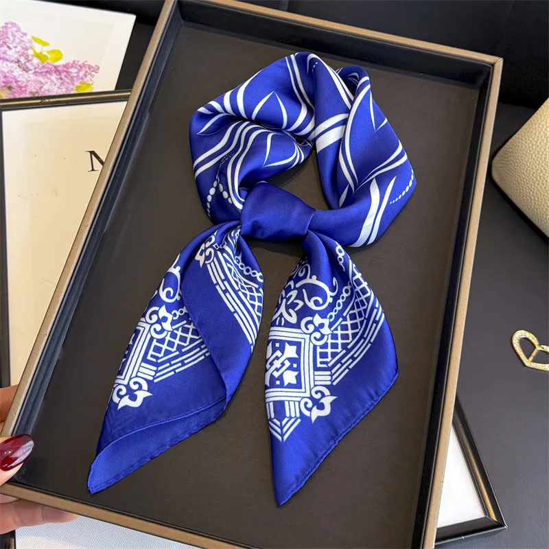 Klassischer Blauer Seidenschal für Damen, Modisch und Vielseitig, Hochwertiger Schal für Taschen und Kleidung, 70cm Kopftuch